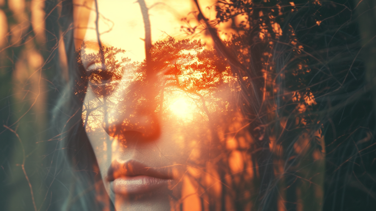 woman face in trees at sunset