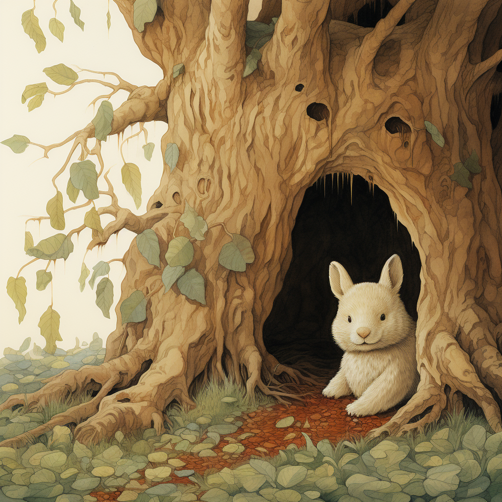 Illustration of a hiding rabbit and a baby bear