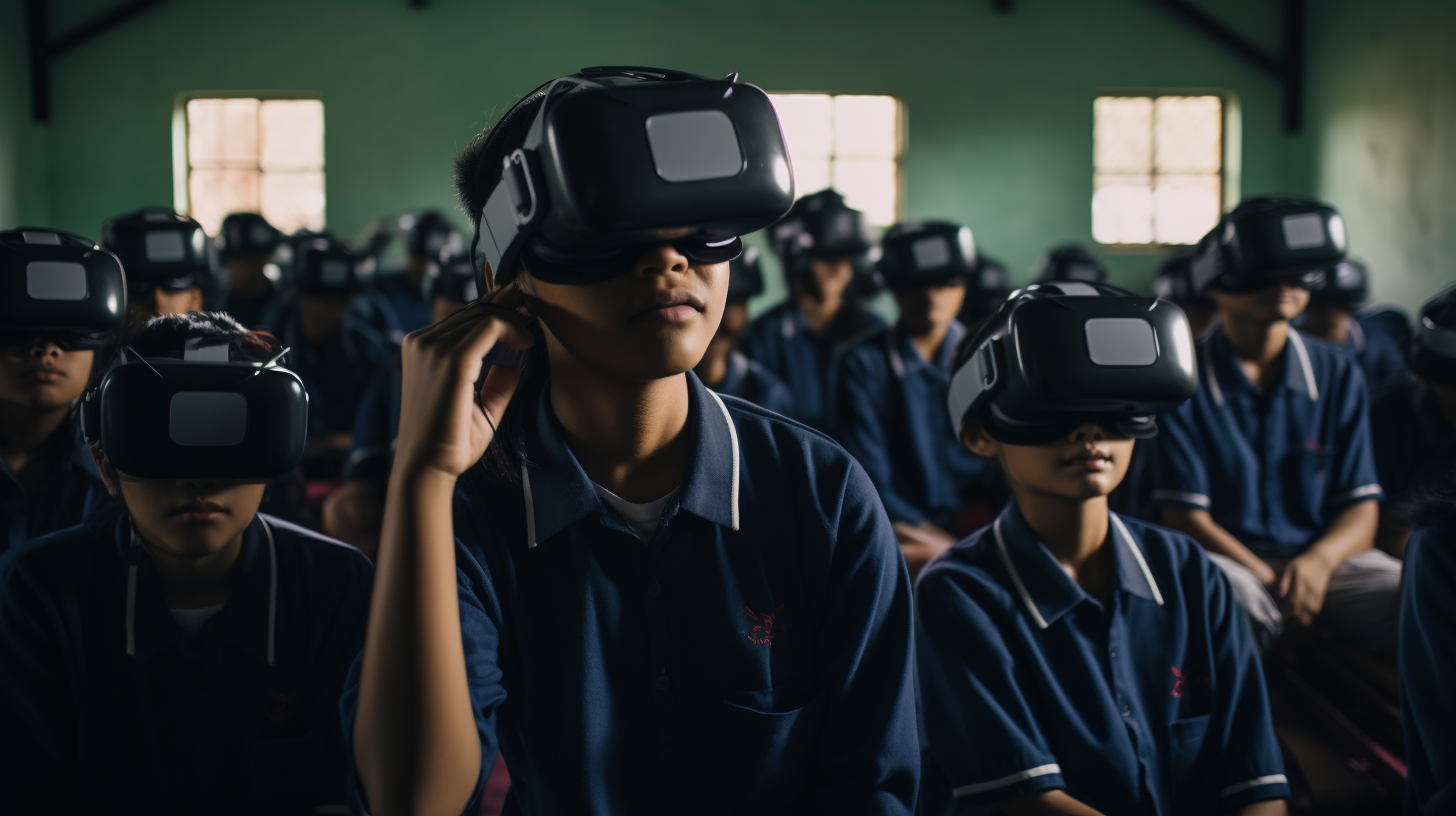 Malaysian kids enjoying virtual reality in classroom.