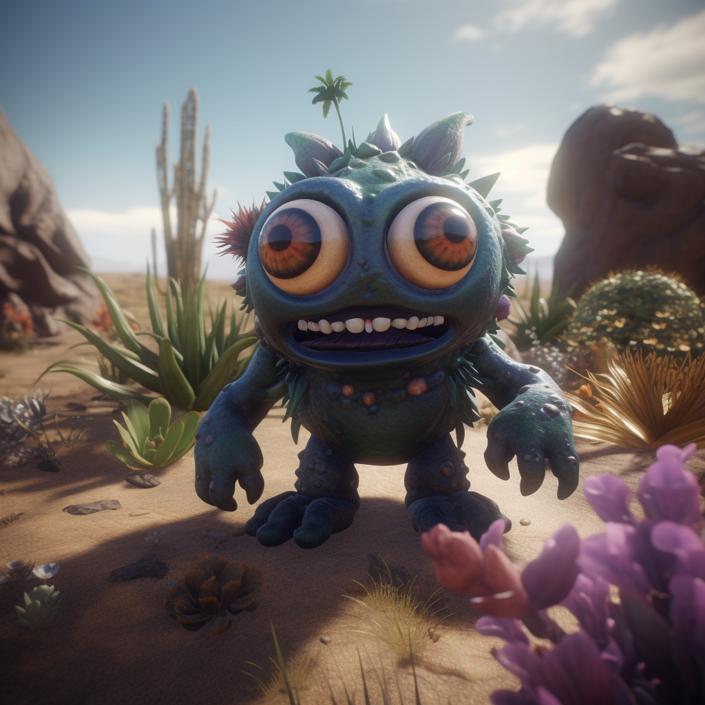 Curious happy-eyed frolicking monster among high desert wildflowers