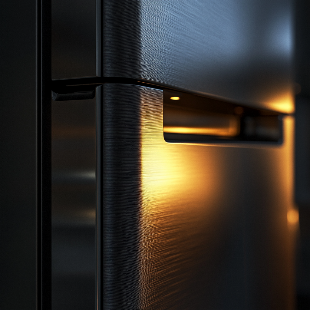 Dimly Lit Steel Refrigerator Close-Up