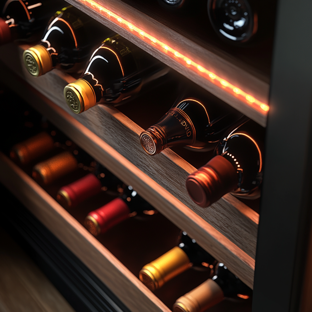 Wine cooler wood shelves ambient light