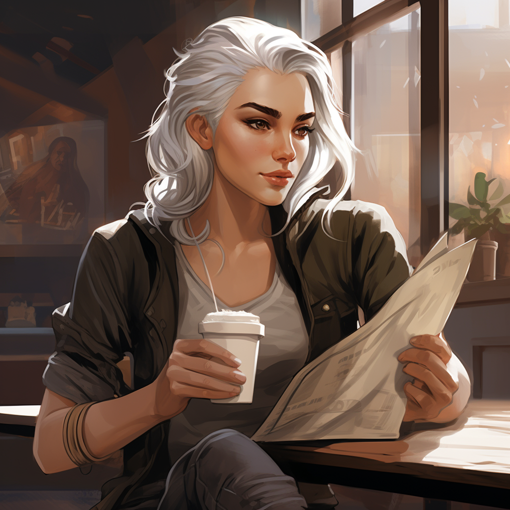 Androgynous trans woman with white hair in coffee shop