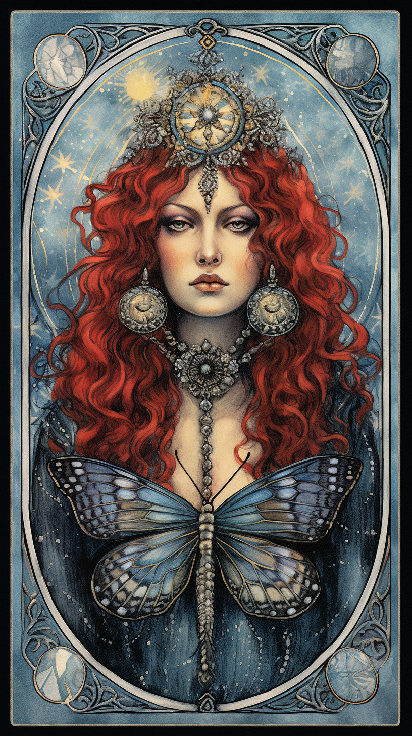 Illustration of High Priestess with Red Hair and Dragonfly