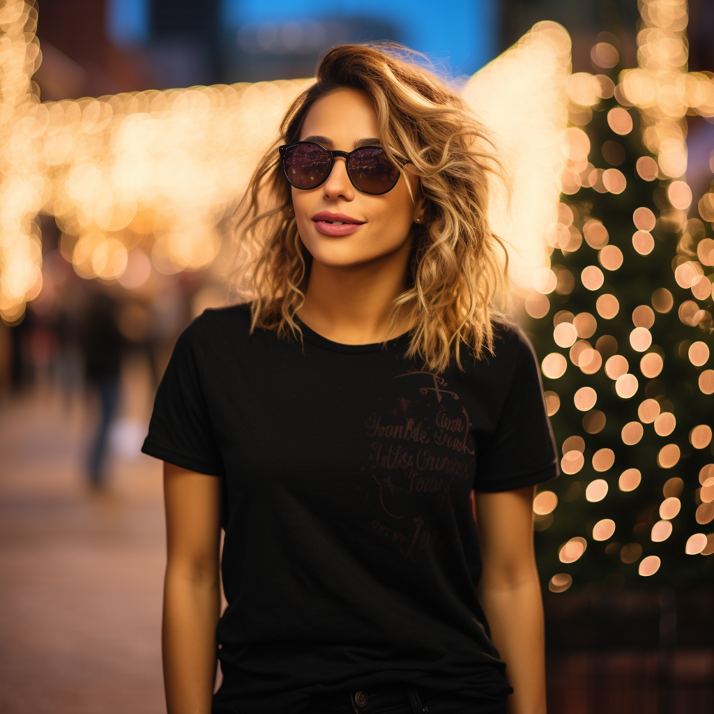 Woman wearing black unisex t-shirt against holiday lights