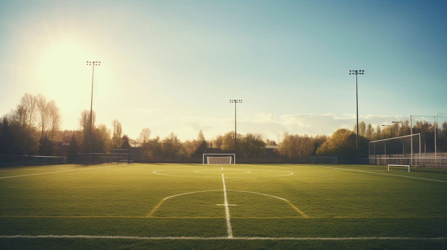 Cinematic high school soccer field in dramatic backlight