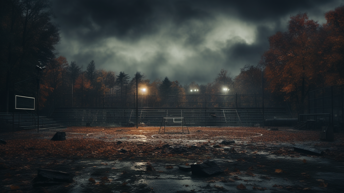 Cinematic photo of high school soccer field with dramatic goal