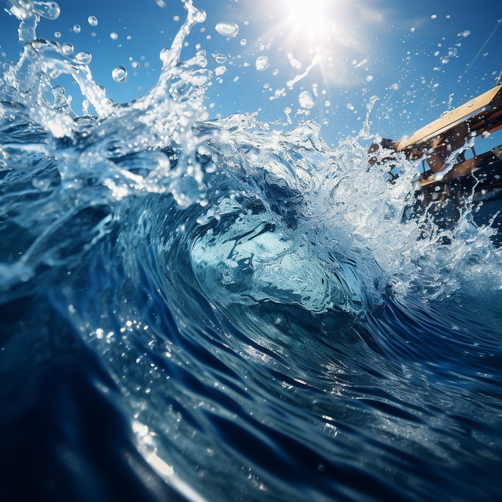 Boat wake in clear blue ocean