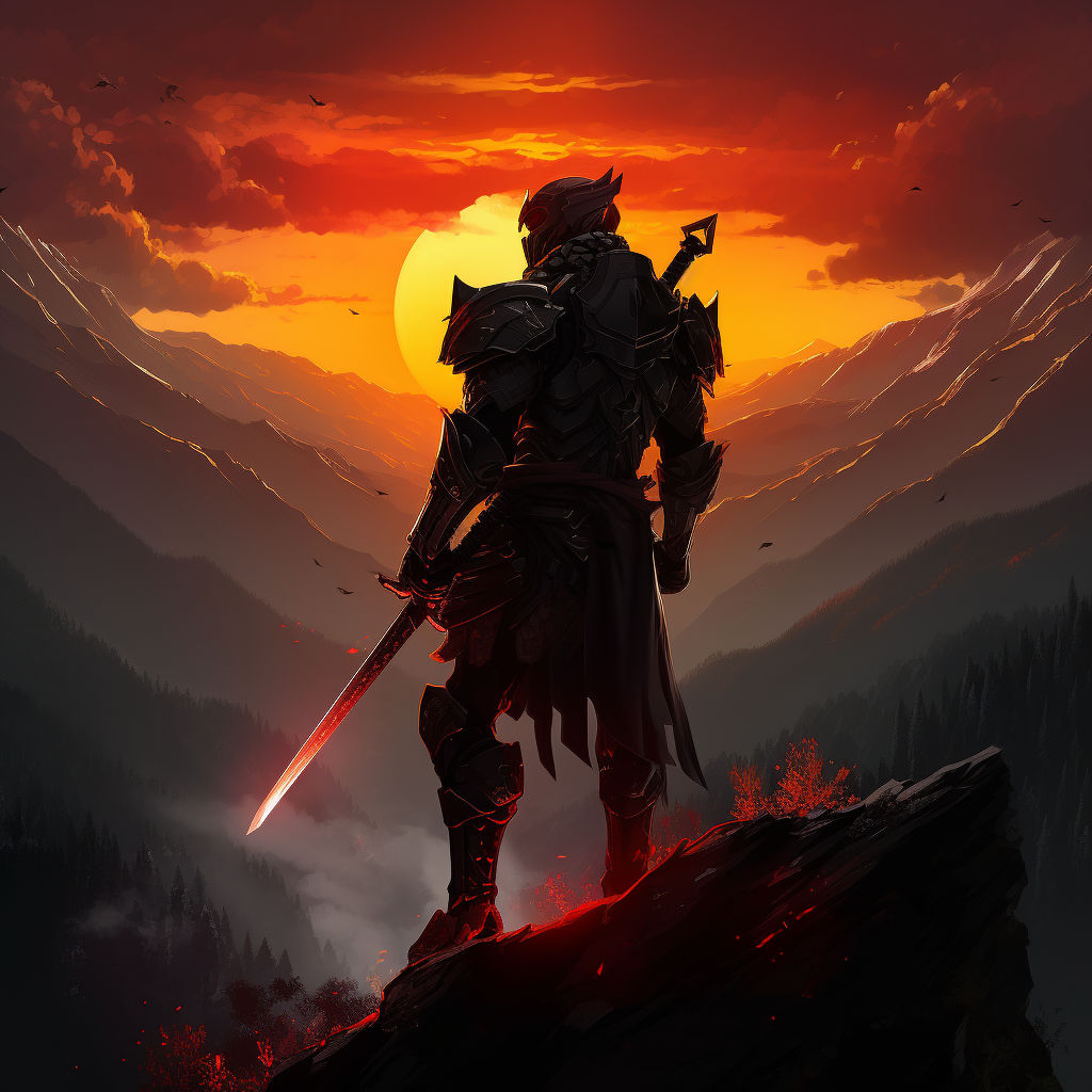 Armoured soldier with gun and glowing sword in mountains