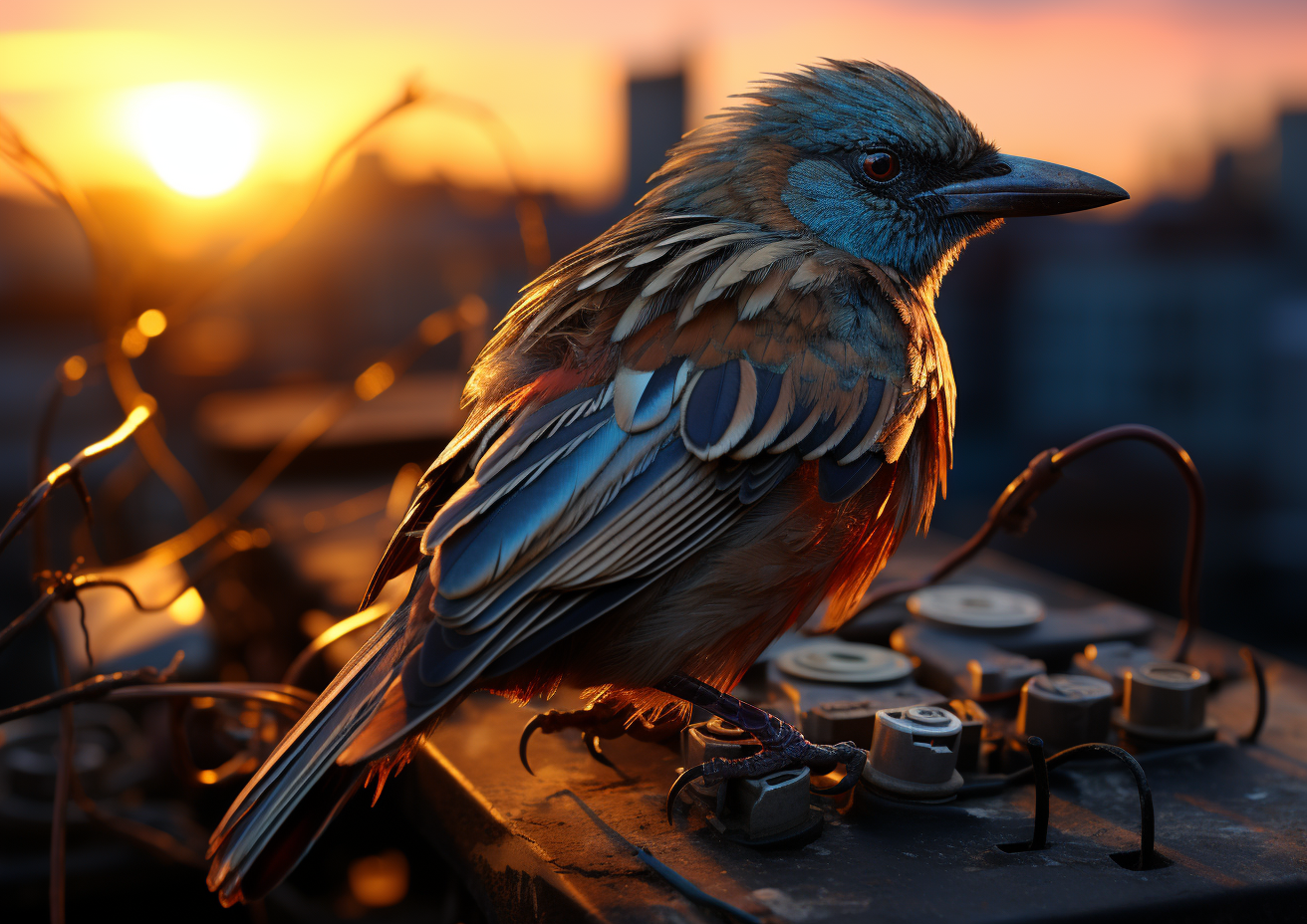 High tech bird catching worm at sunrise