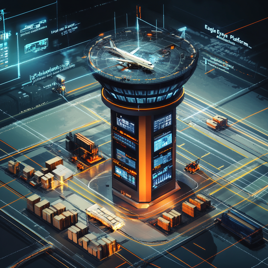 Futuristic control tower overseeing logistics processes