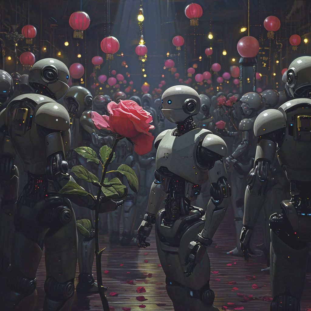 Group of robots surrounding wilting rose