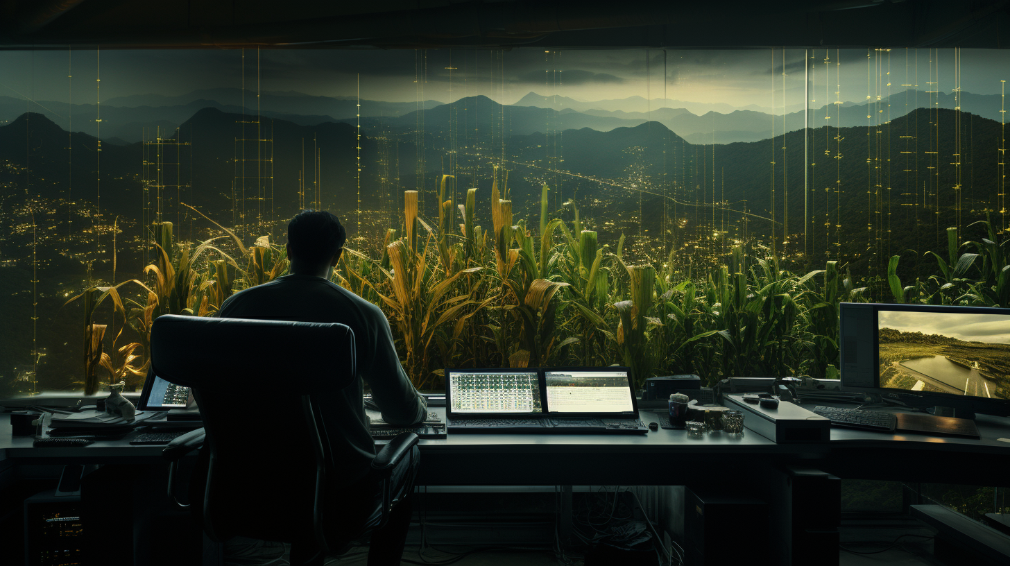 White man in high-tech office overlooking corn plantation