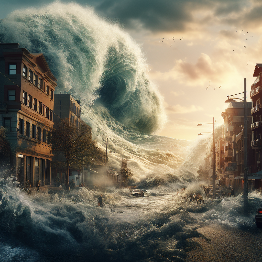 Powerful high tide wave hitting small city