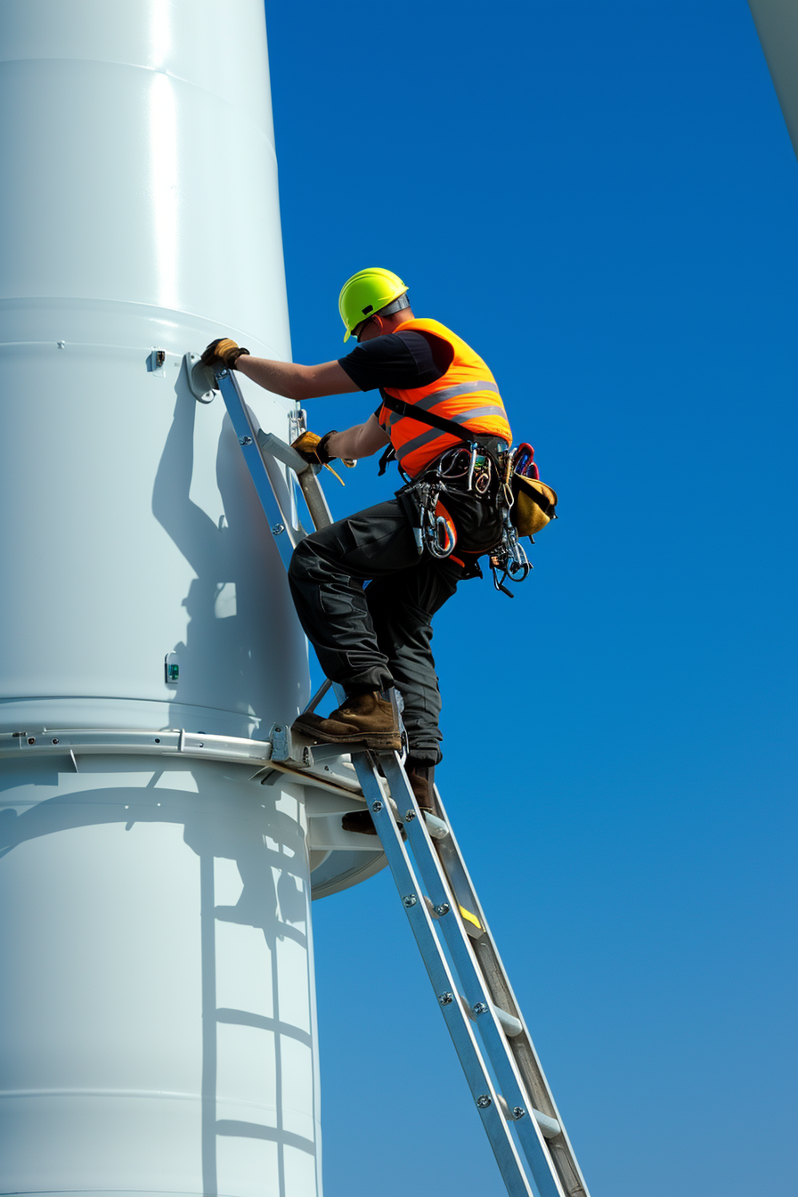 Offshore wind turbine worker climbing ladder