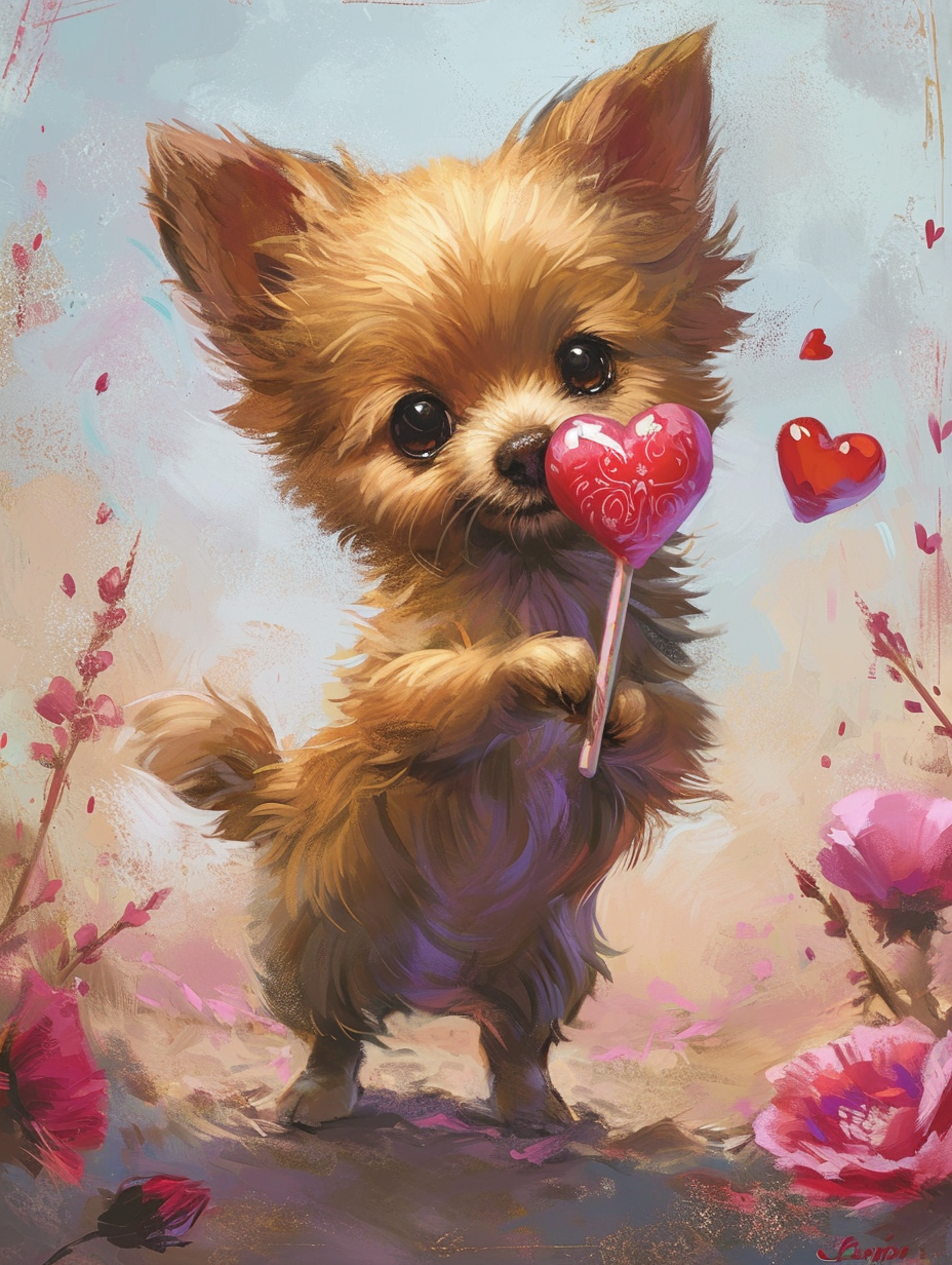 Highland Baby Dog with Heart Lollipop in Valentine Setting