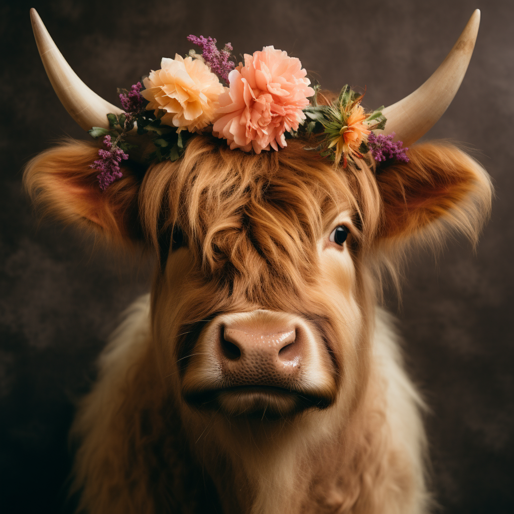 Close-up of Highland Cow with Blonde Streak and Floral Headband