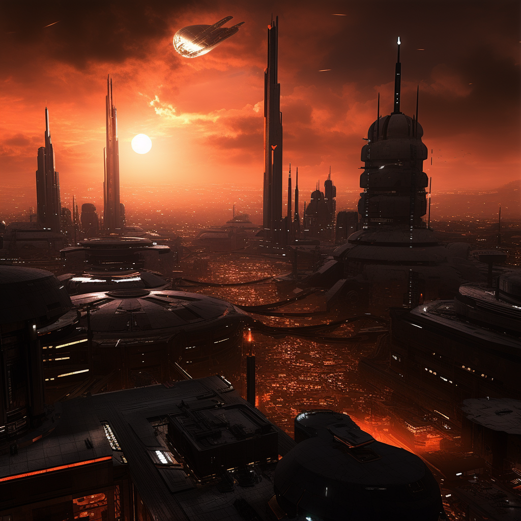 Futuristic sunset view of Highrise Star Wars Coruscant Metropolis Dock