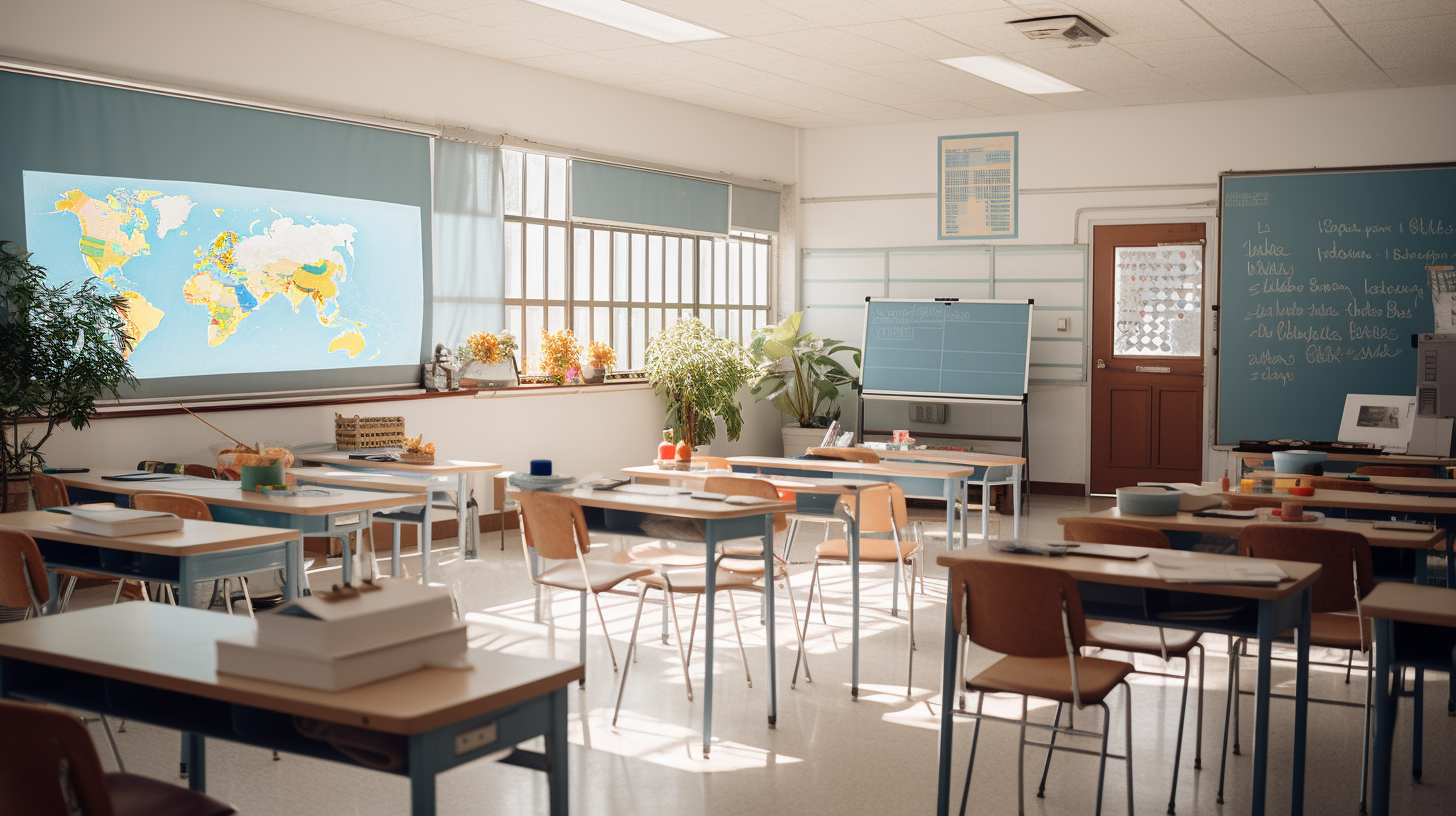 High school classroom with colorful decor