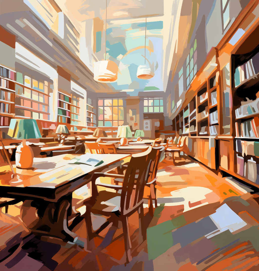 High School Library with Books and Art