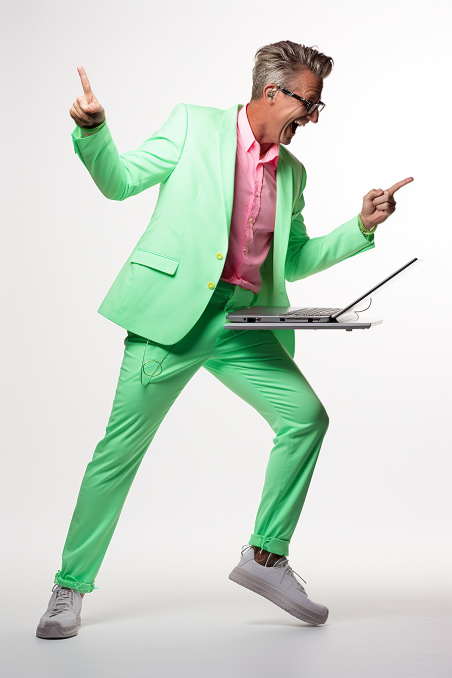 Smiling highschool teacher using laptop in bright pastel green clothing