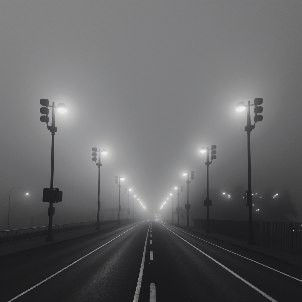 Black and White Highway Streetlights in Fog