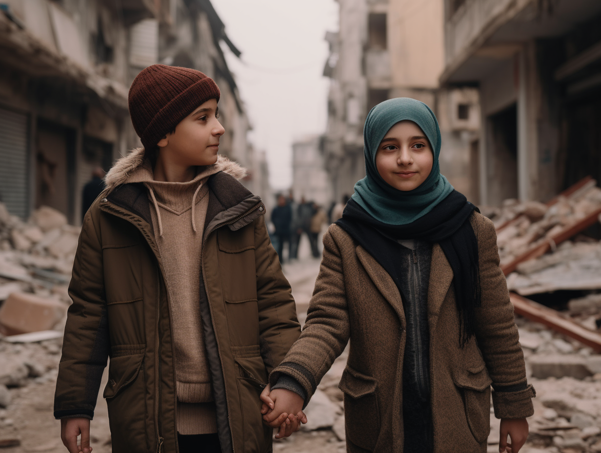 Boy and girl in hijab holding hands under collapsed buildings