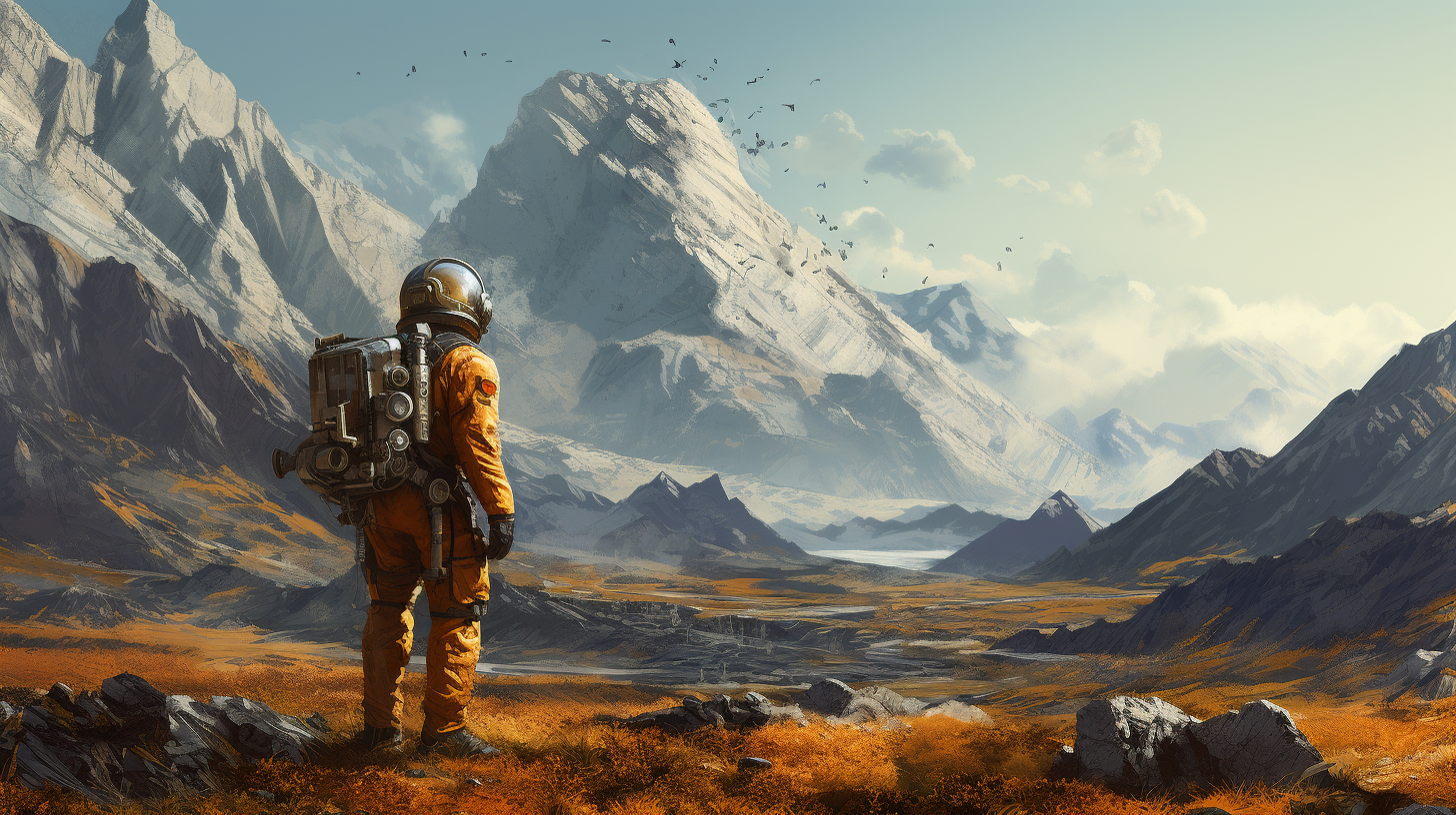 Hiker in Mining Protective Suit Gazing at Majestic Mountain