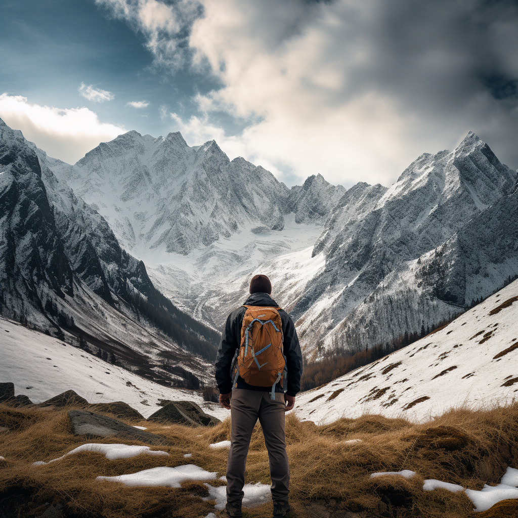 Hiker with rucksack in snow-covered mountains