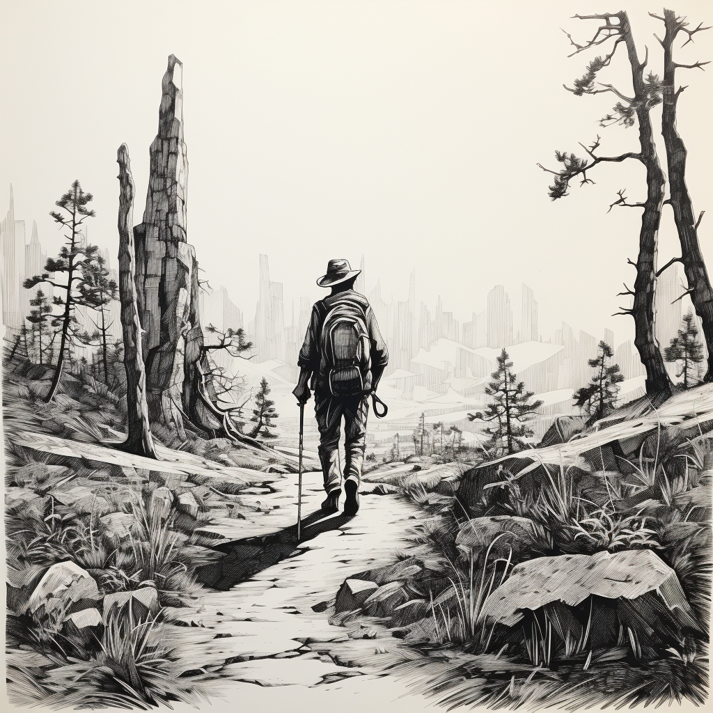 Hiker on trail in black ink