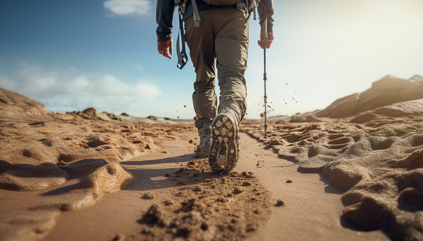 Seasoned hiker with well-worn boots on sandy trail