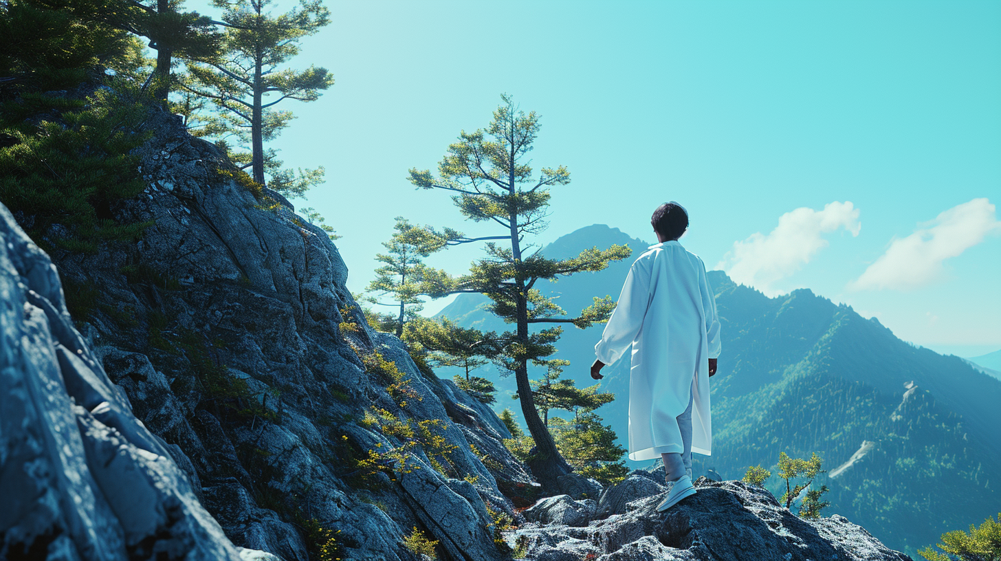 Hiker climbing steep mountain lab coat