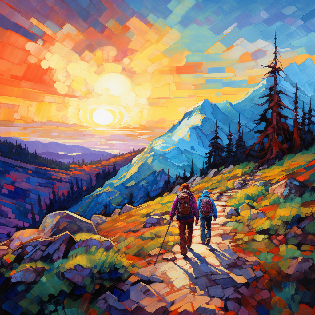 Hikers exploring nature in vibrant Erin Hanson style