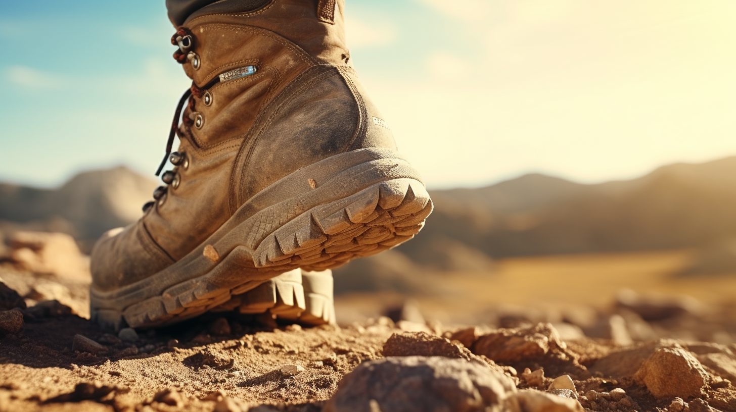 Hiking boot stepping on desert rock