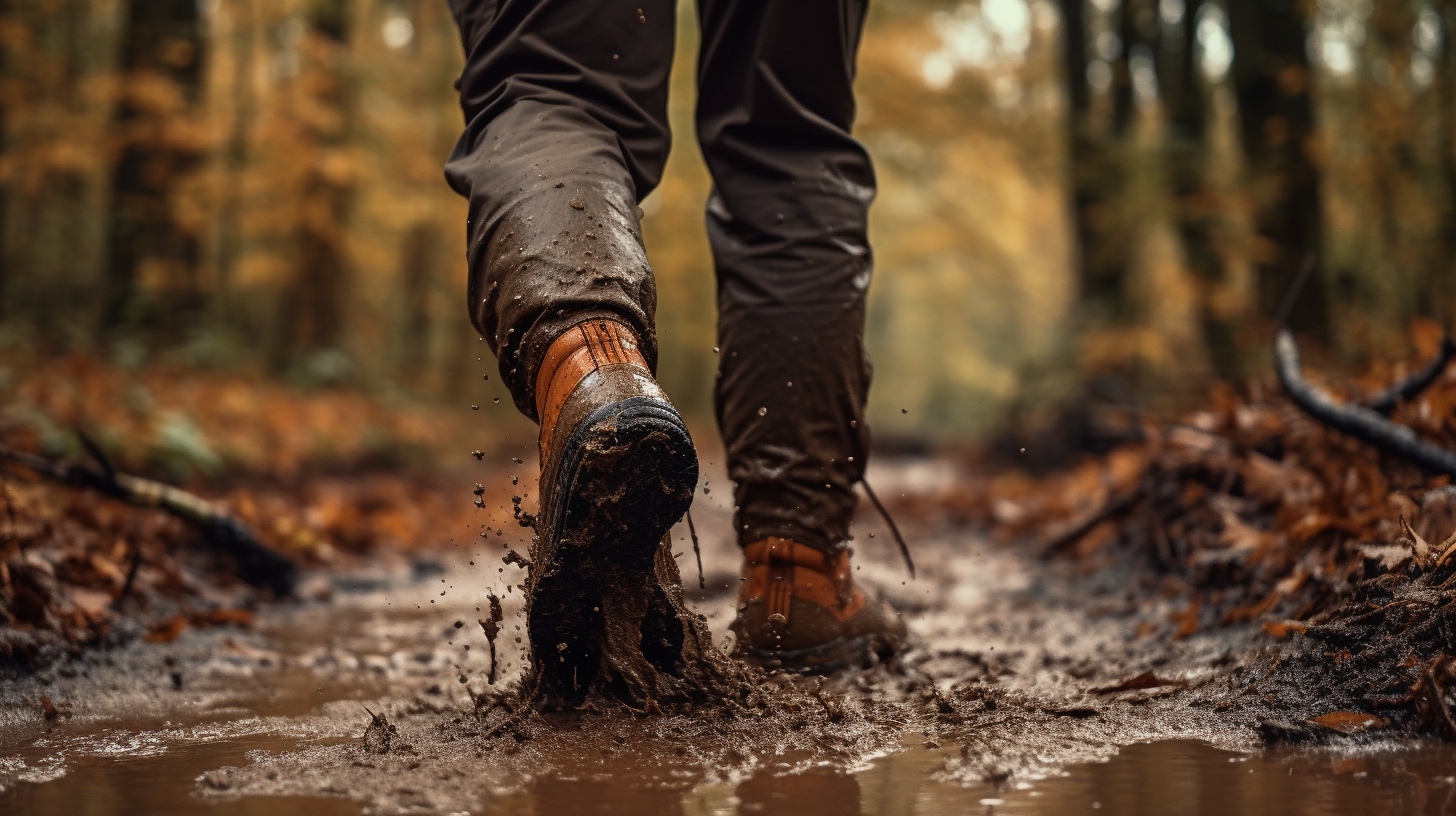 Person wearing hiking boots in autumn forest