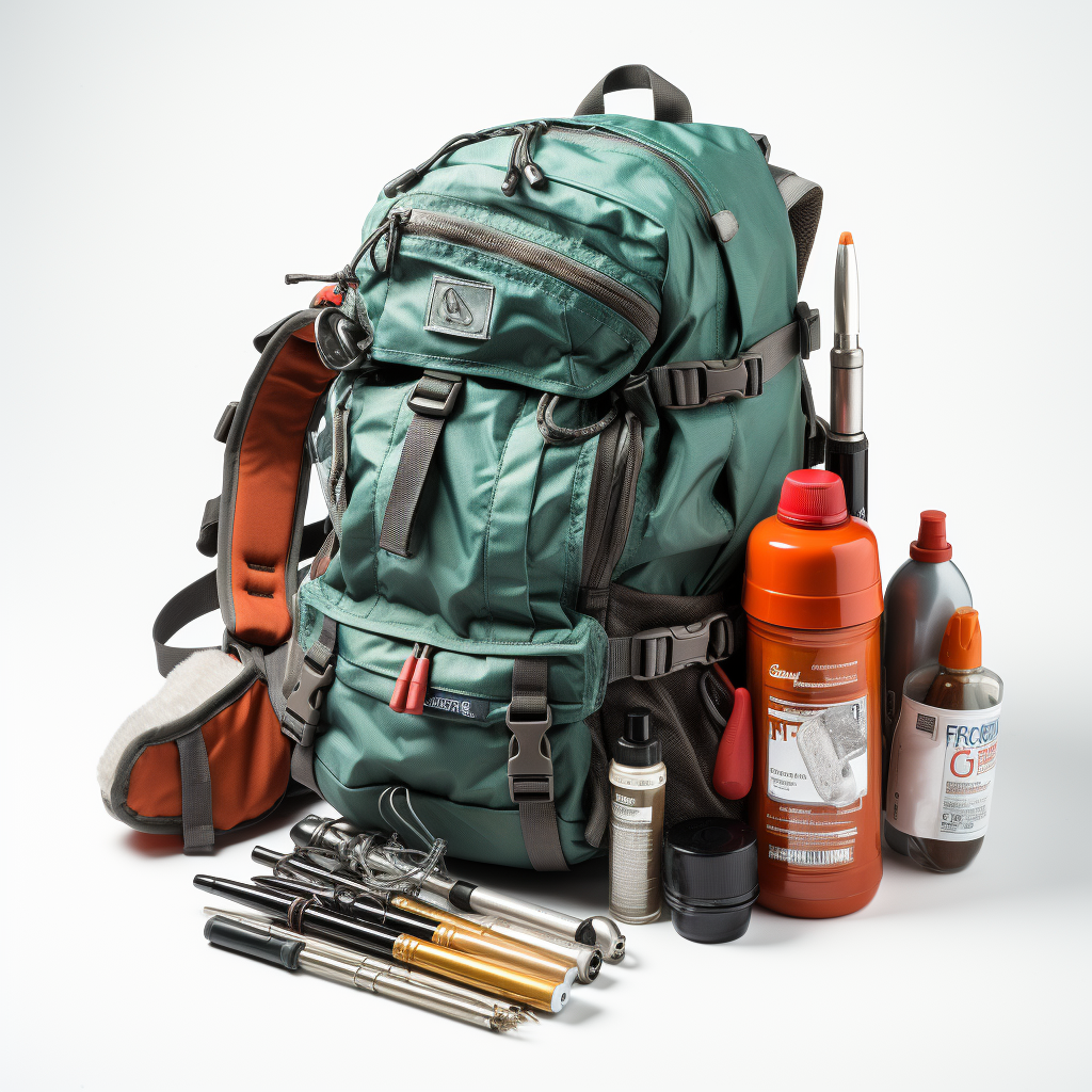 Hiking gear essentials on white background