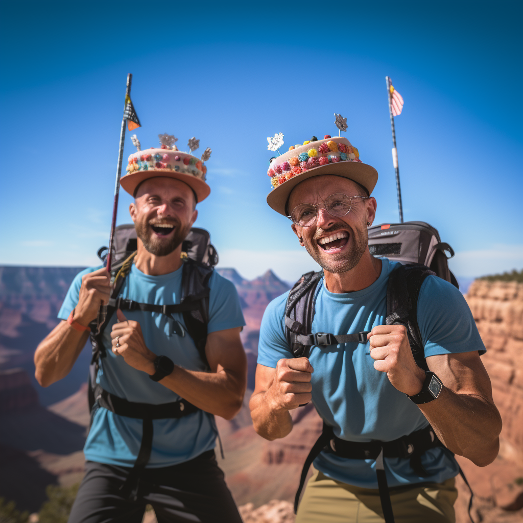 Two men hiking Grand Canyon with birthday hats