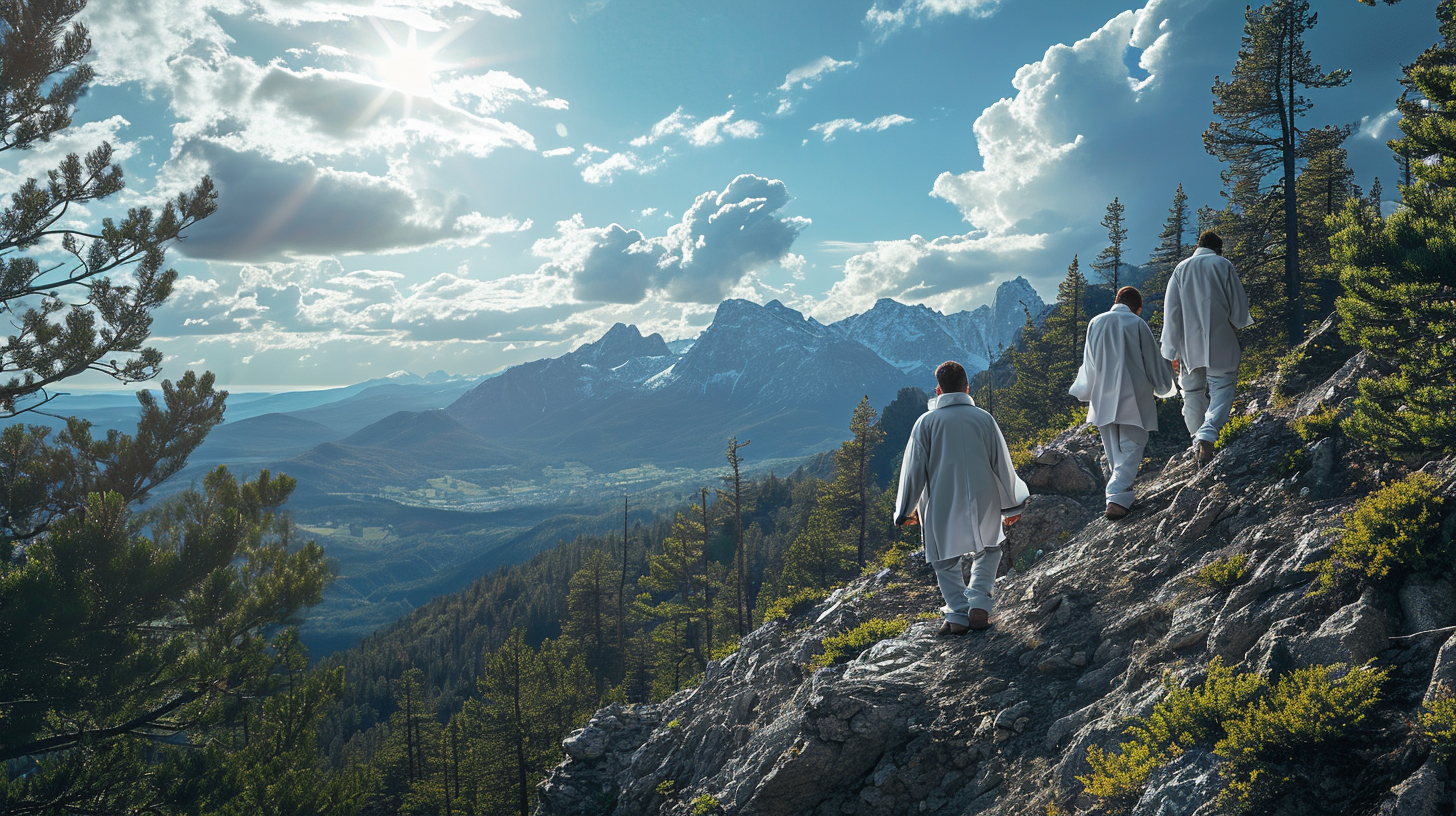 Hiking Men in White Lab Coats on Mountain