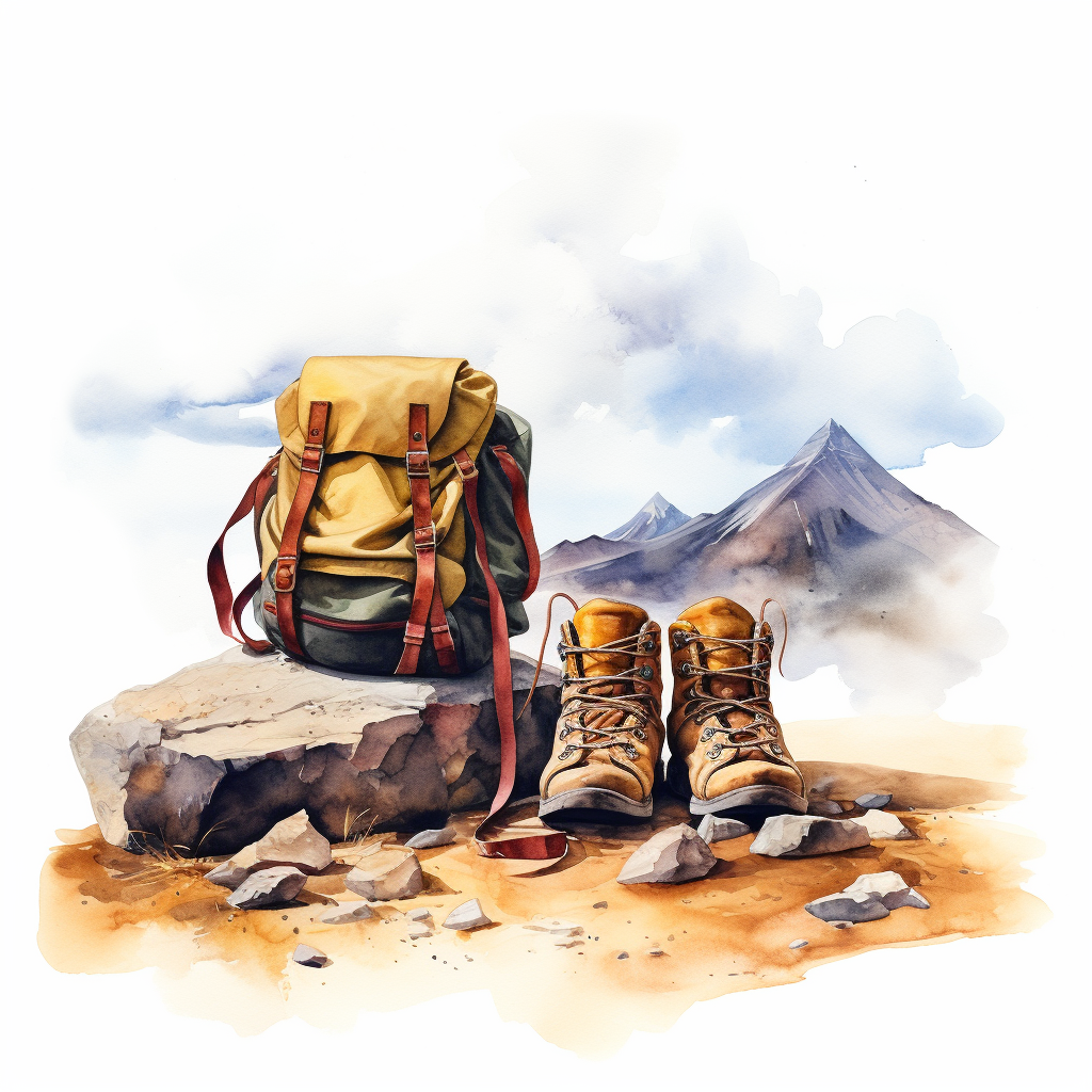 Two pairs of dirty hiking shoes and a haversack with mountains