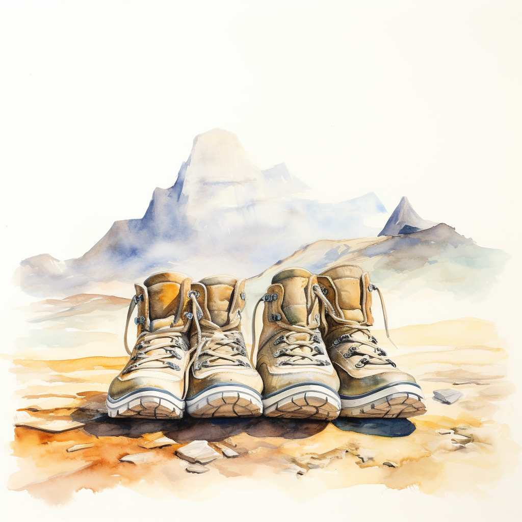 Dirty hiking shoes and mountains in surreal watercolor painting