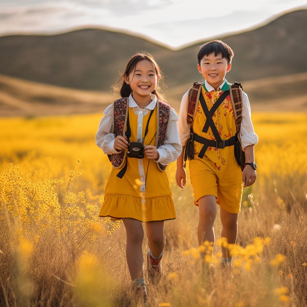 Two Chinese kids exploring Xinjiang grassland