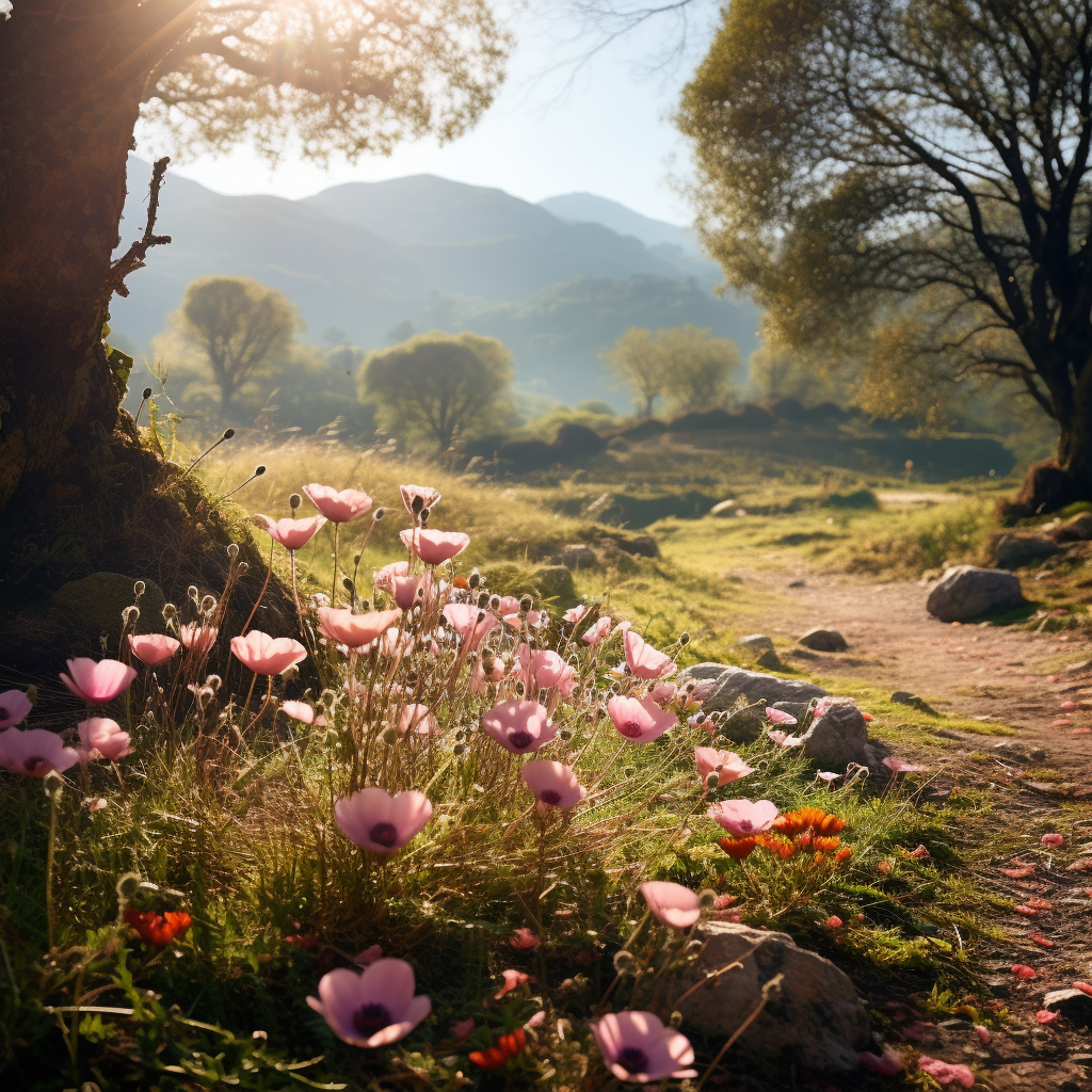 Hills landscape with colorful flowers