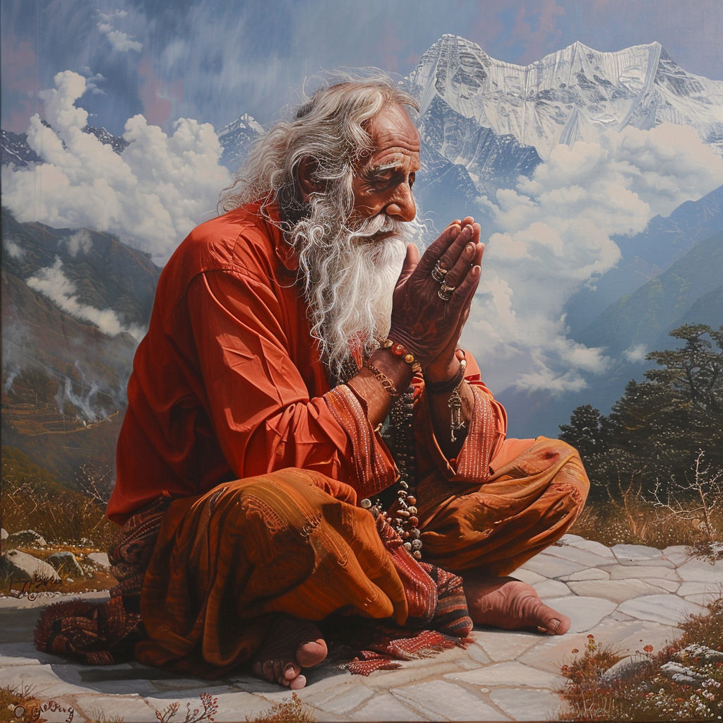 Himalayan Guruji Praying Devotion Conceptual Art