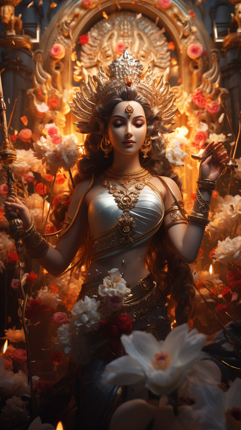 Hindu goddess Laksmi surrounded by energy lights and flowers