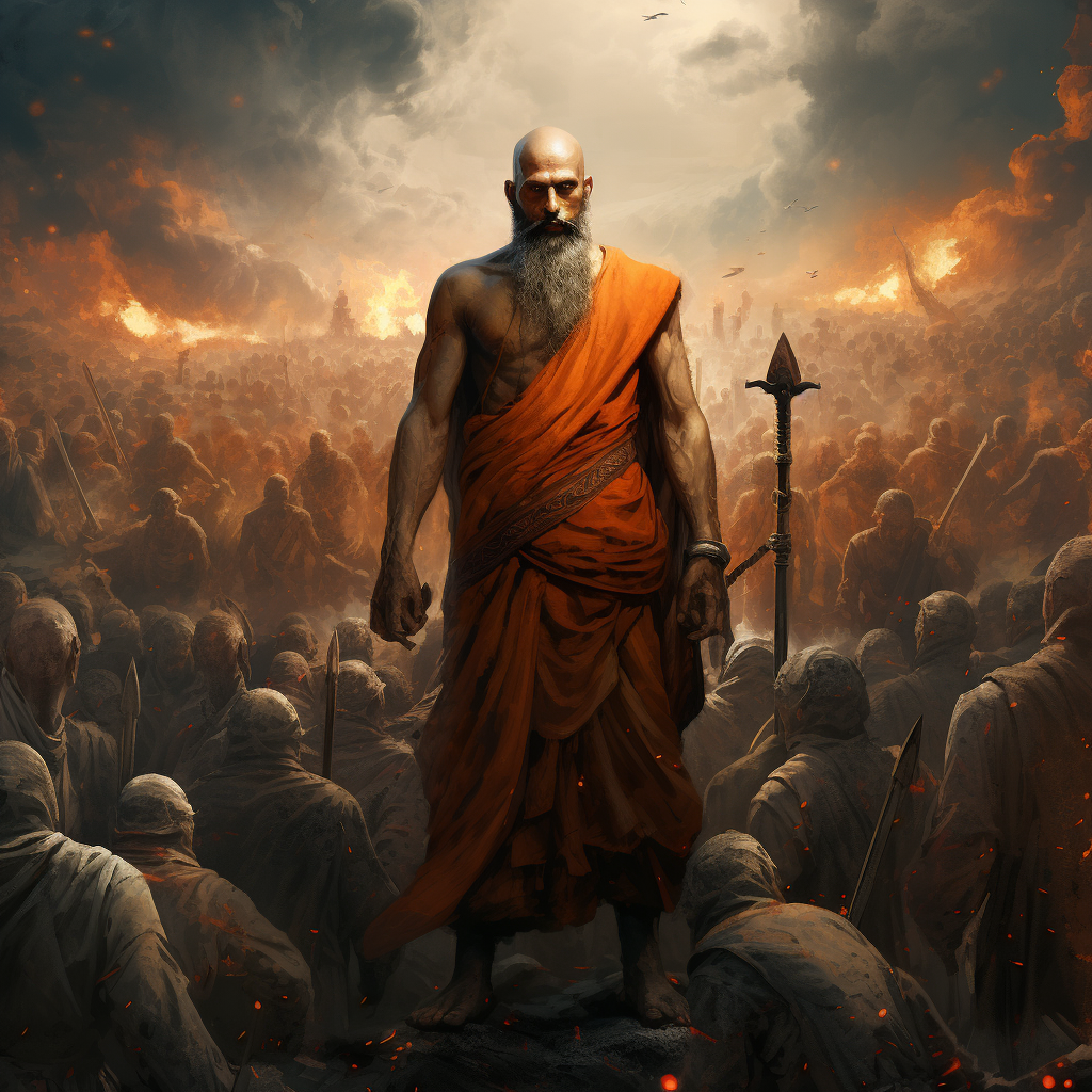 Hindu monk leading army with axe