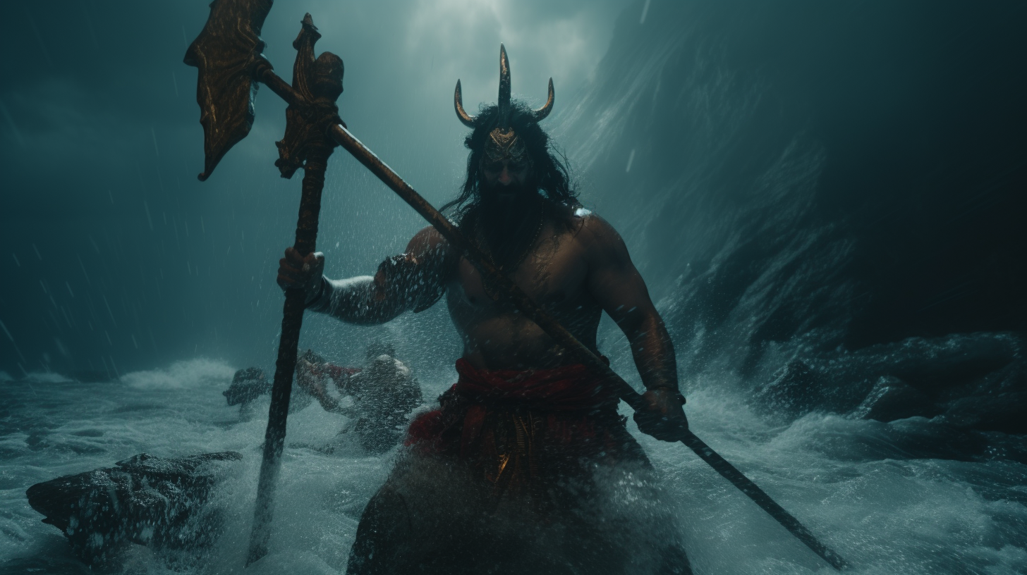 Lord Parashuram throwing axe into the ocean