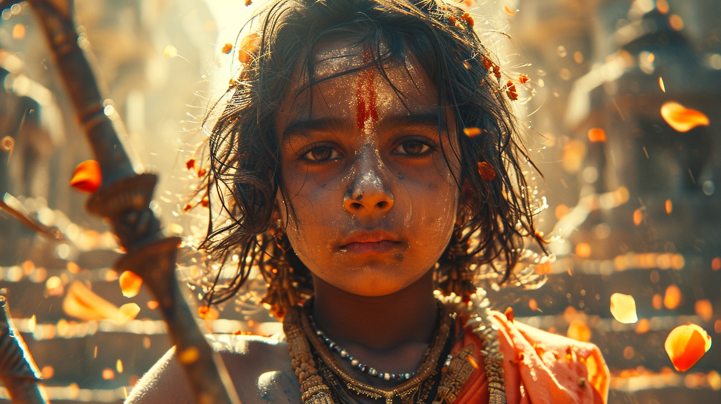 Hindu Prince Rama Boy Holding Bow on Stairs