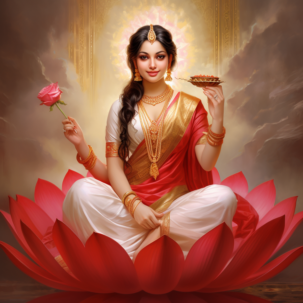 Smiling Hindu Goddess Lakshmi on Lotus