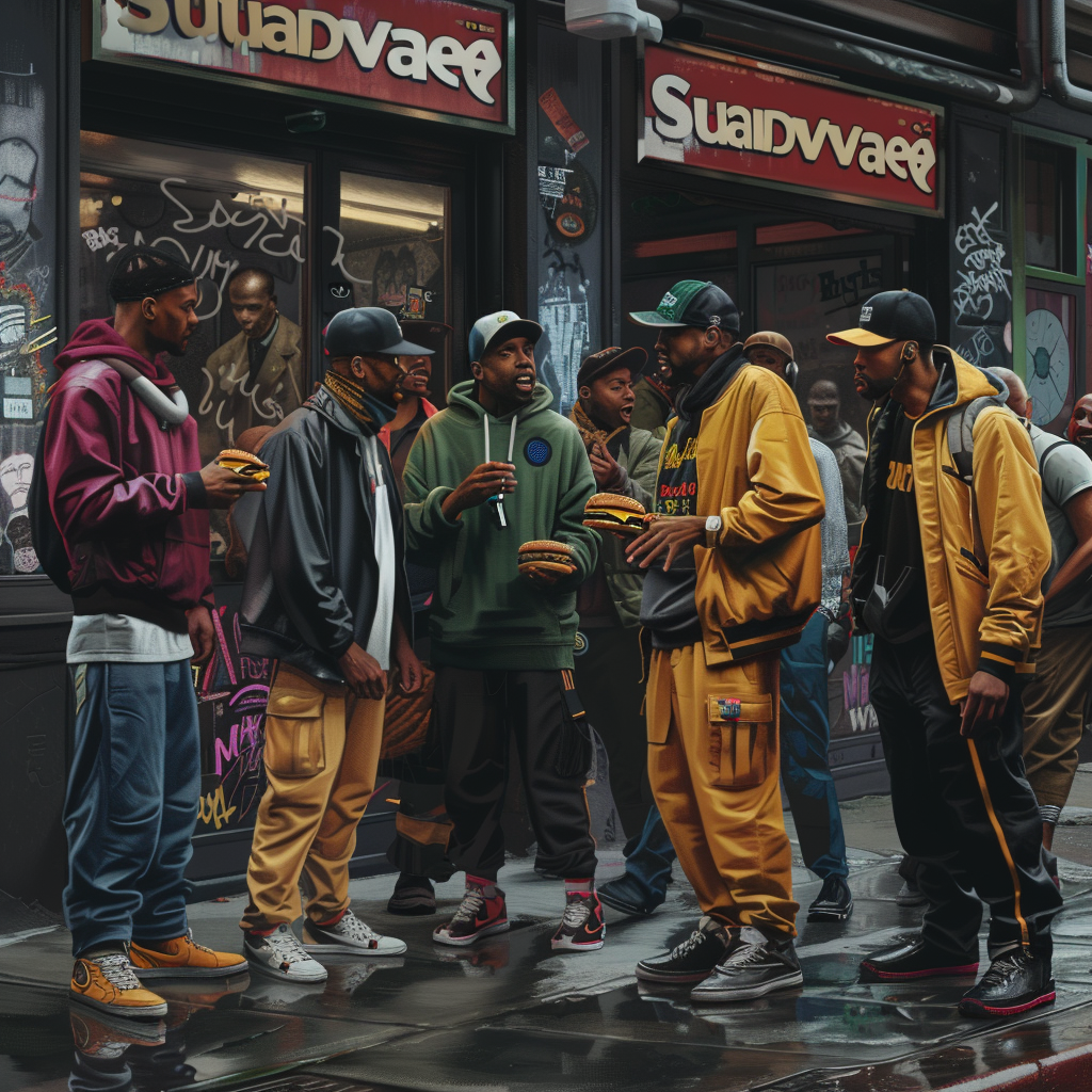 Group of hip hop artists outside Subway shop