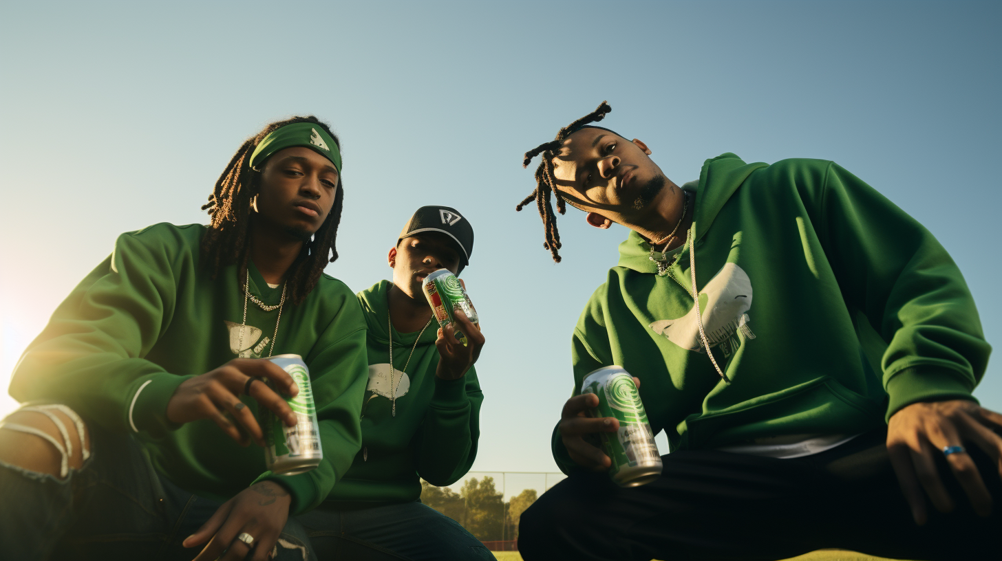 Three young hip hop singers on an American Football field